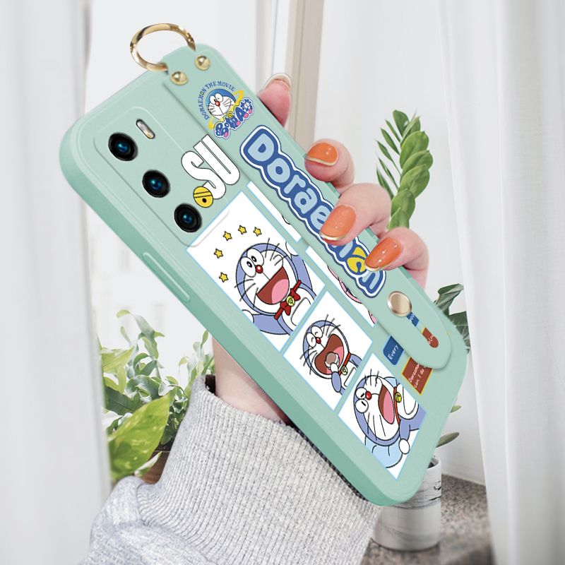 Jizetin for Huawei P40 Wrist Strap Case Creative Cartoon Doraemon's Daily Life Cover Ultra Thin Anti Fall Liquid Silicone Phone Case