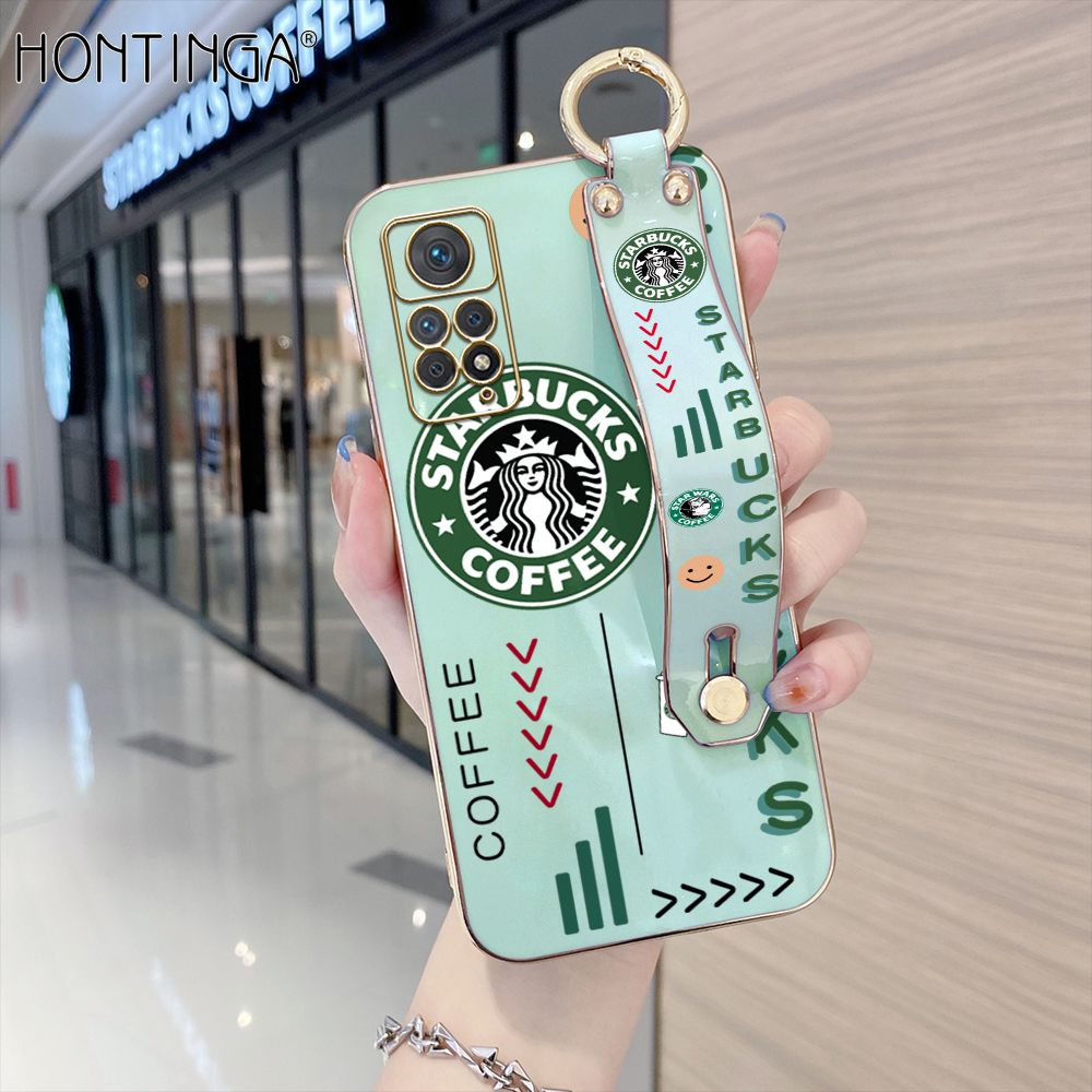 Hontinga for Redmi Note 11 Pro 5G / 4G Back Cover With Wristband Luxury 6D Plating Coffee Sign Case Soft Silicone Square Phone Cases