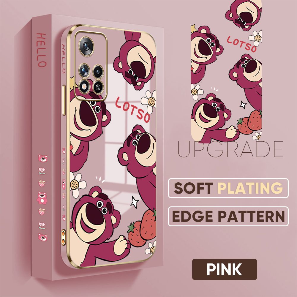 TA for Redmi Note 11 5G / Xiaomi Poco M4 Pro 5G Back Cover + Free Lanyard Cute Bear Luxury 6D Plating Case Side Pattern Soft Silicone Square Phone Cases