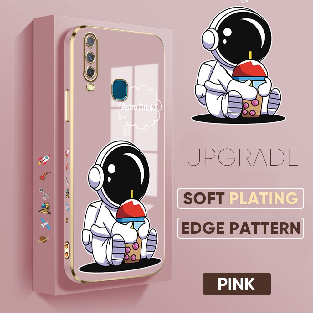 TA for Vivo Y17 Y15 Y12 Back Cover + Free Lanyard Cute Astronaut Luxury 6D Plating Case Side Pattern Soft Silicone Square Phone Cases