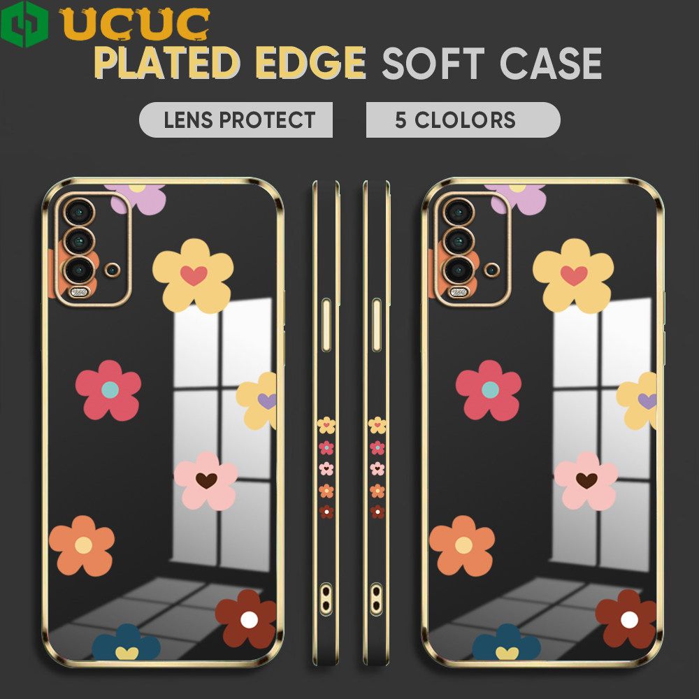 UCUC for Redmi 9 Power / Redmi 9T Back Cover + Free Lanyard INS Style Flower Luxury 6D Plating Case Side Pattern Soft Silicone Square Phone Cases