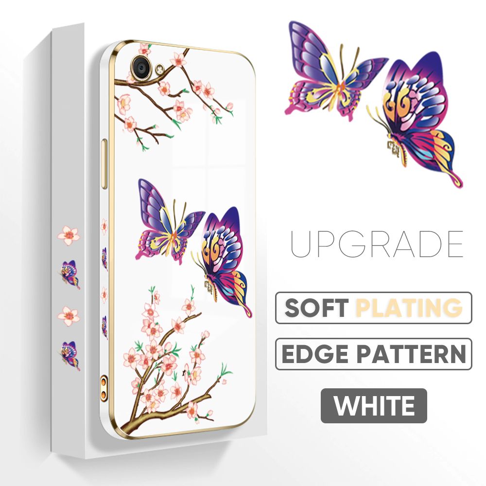 Jizetin (Free Lanyard) Vivo V5 Plus / Vivo X9 / X9S Back Cover Peach Blossom and Butterfly Luxury 6D Plating Case Side Pattern Soft Silicone Square Mobile Phone Cases
