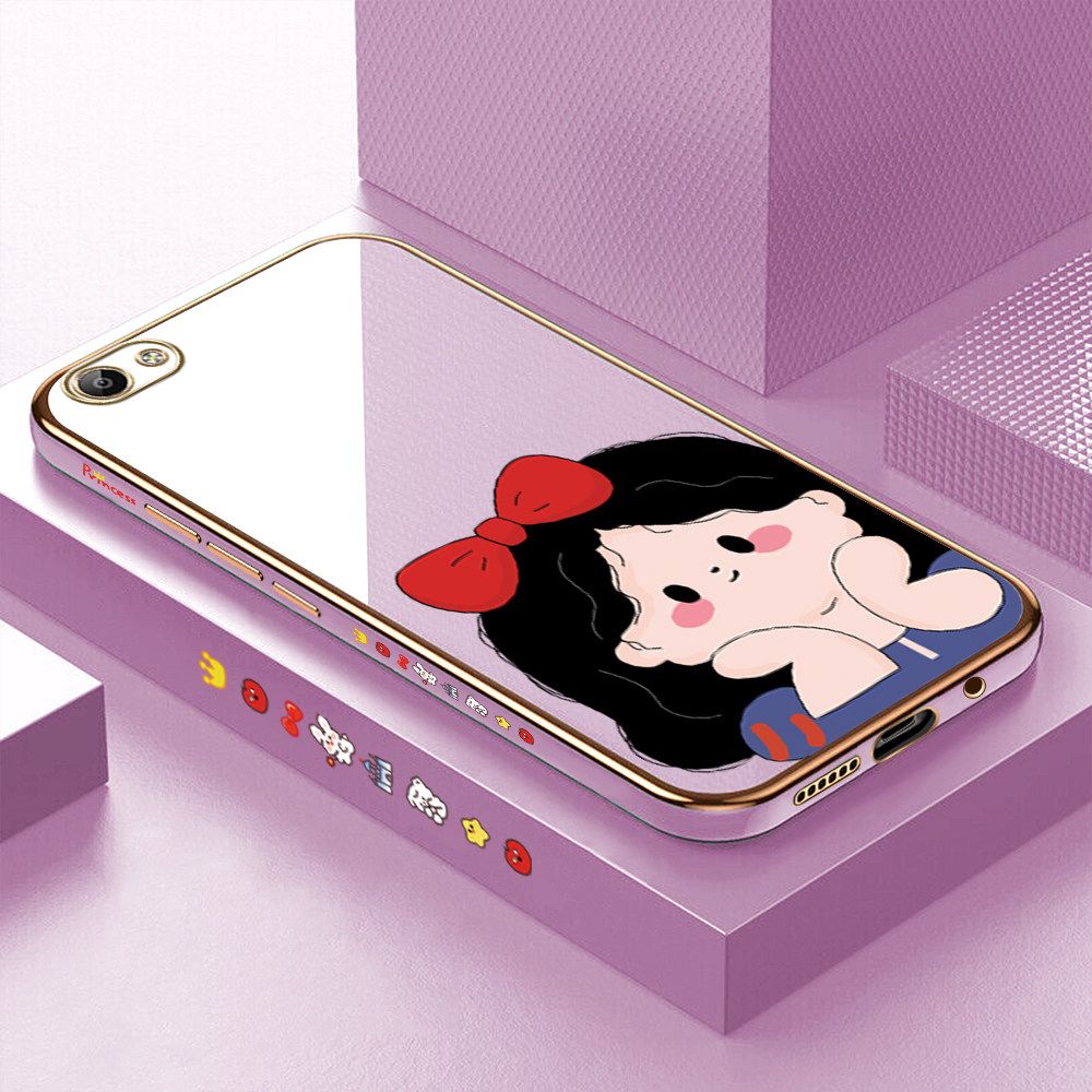 Luxury 6D Plating Soft Casing Silicone Square Frame Phone Case For Vivo Y65 Case Shiny Bling Back Cover Cartoon Cute Bow Girl Square Edge Pattern Design Soft Case + Free Lanyard