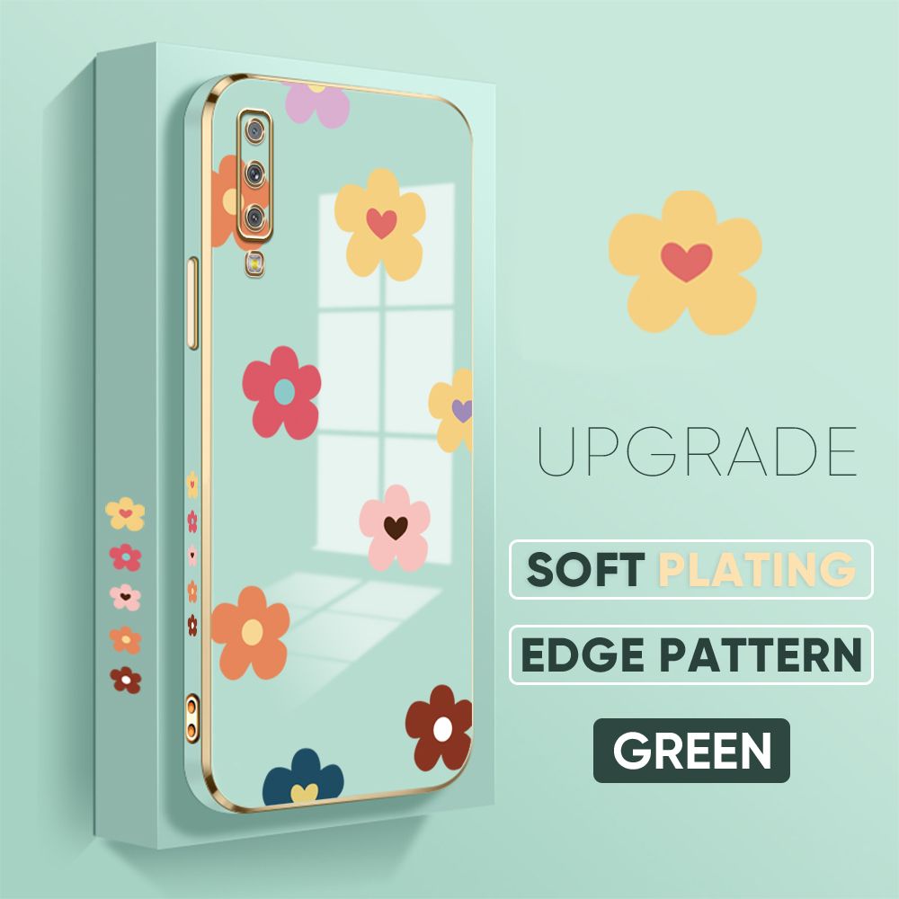 Jizetin (Free Lanyard) Samsung Galaxy A7 2018 Back Cover Falling Flowers Luxury 6D Plating Case Side Pattern Soft Silicone Square Phone Cases
