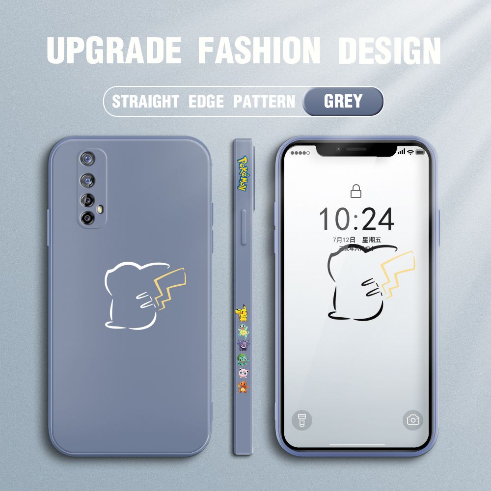 Jizetin for Realme 7 Case New Pikachu Pokémon Design Side Design Phone Case Square Edge Pattern Liquid Silicone Cases Full Cover Camera Soft Protection Case