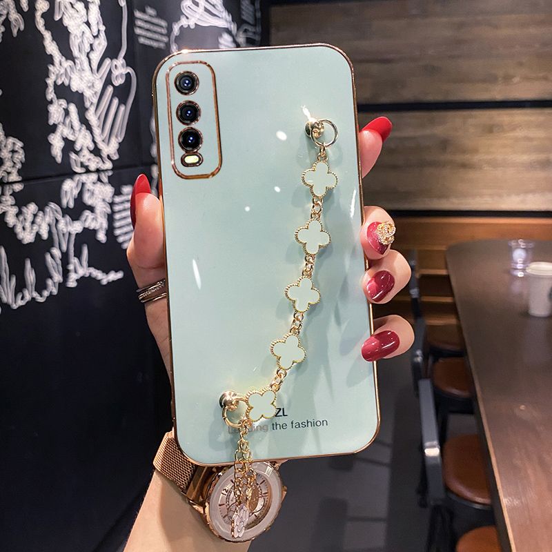 For Vivo Y20G Y20 2021 Y12A Y12s Back Cover with Lucky Clover Wristband Chain Fashion Bracelet Shiny Plating Square Edge Bumper Phone Case Soft Silicone Bumper Protective Cover