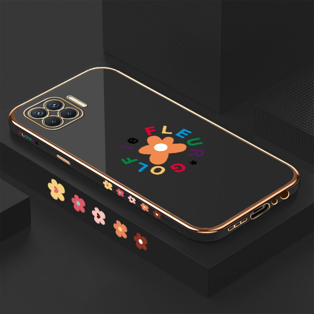 Luxury 6D Plating Case for OPPO F17 Pro A93 2020 Cartoon Flower Side Pattern Back Cover Soft Silicone Square Phone Cases + Free Lanyard