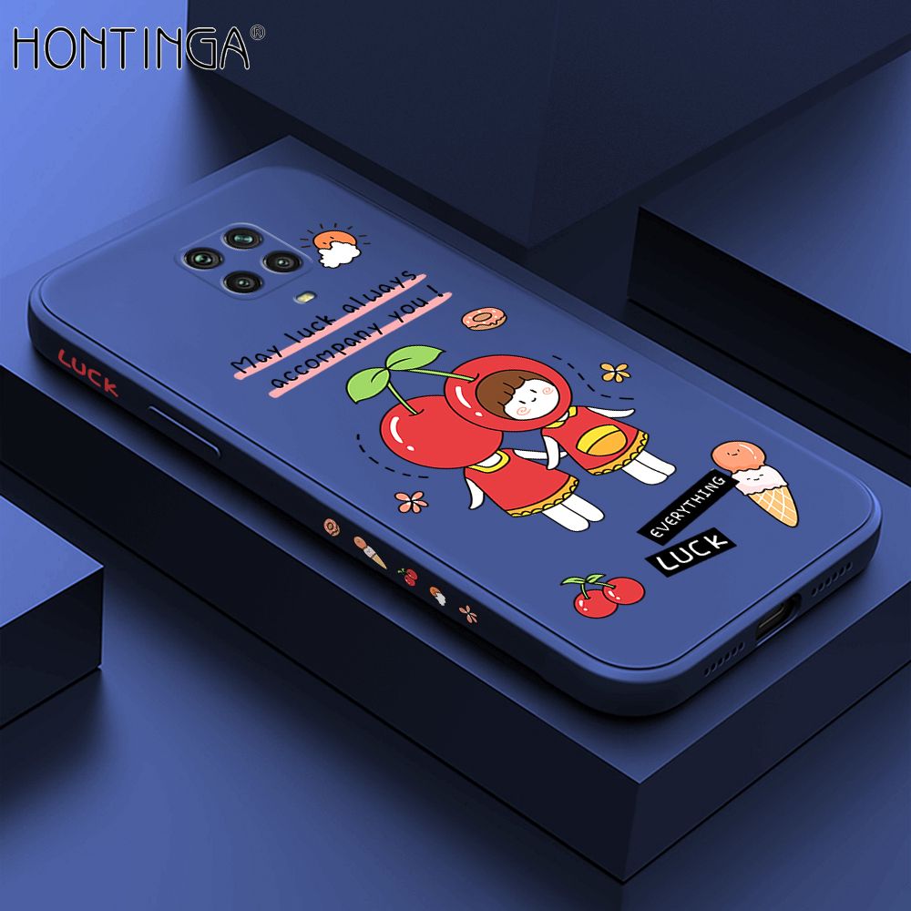 Hontinga for Redmi Note 9S Case Side Design Cute Cherry Girl Back Cover Soft Square Edge Pattern Liquid Silicone Trend Phone Cases