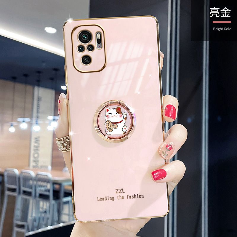 For Xiaomi Redmi Note 10 4G Cover + Ring Holder Stand Shiny Plating Square Bumper Phone Case Lens Protection Soft Silicone Shockproof Protective Back Cover