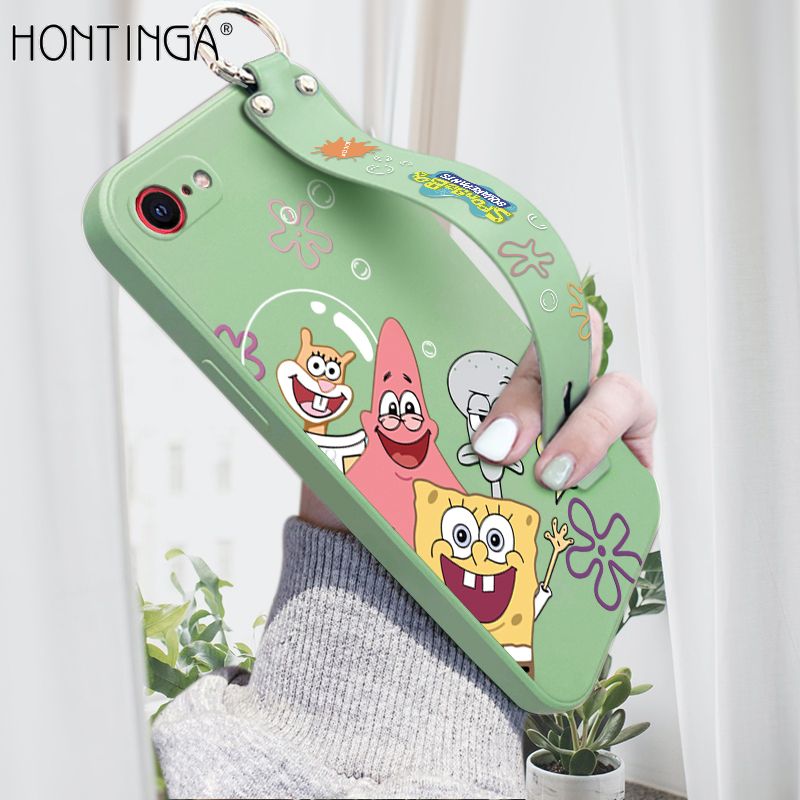 Hontinga for iPhone SE 2020 Wrist Strap Case Cute Cute Funny Cartoon Sponge for Square Pants Cover Square Edge Liquid Silicone Anti-drop Phone Case