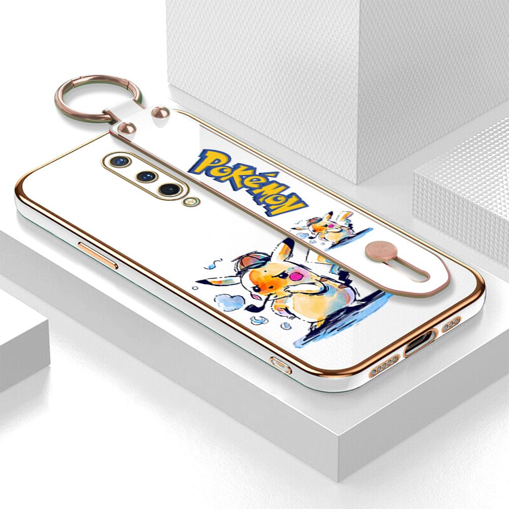 UCUC for OnePlus 8 Wrist Strap Back Cover + Free Lanyard Pikachu Fashion Luxury 6D Plating Soft Casing Silicone Square Frame Phone Case