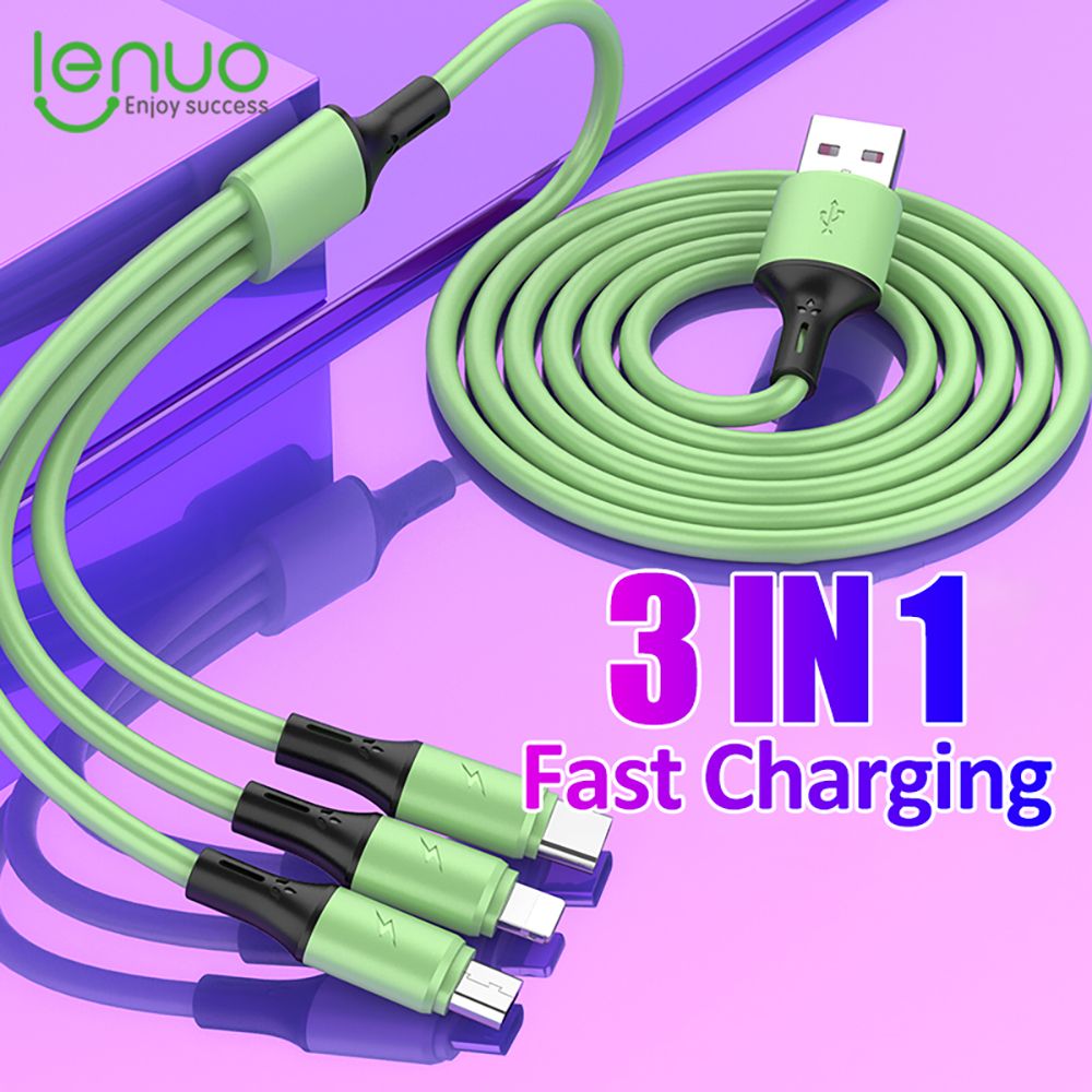 Lenuo 3A Liquid Silicone 3 In 1 Type C / Lightning / Micro USB Fast Charging Cable