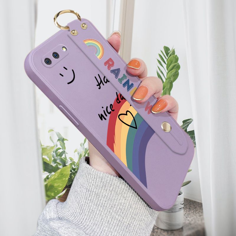 Jizetin for OPPO A3S / A12E / Realme C1 Wrist Strap Case INS Style Smile Rainbow Cover Ultra Thin Anti Fall Liquid Silicone Phone Case
