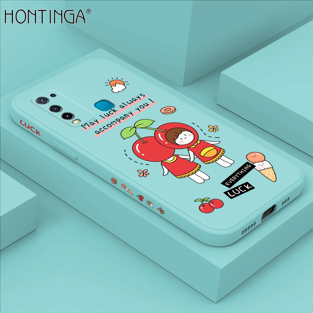 Hontinga for Vivo Y50 Y30 Y30I Case Side Design Cute Cherry Girl Back Cover Soft Square Edge Pattern Liquid Silicone Trend Phone Cases