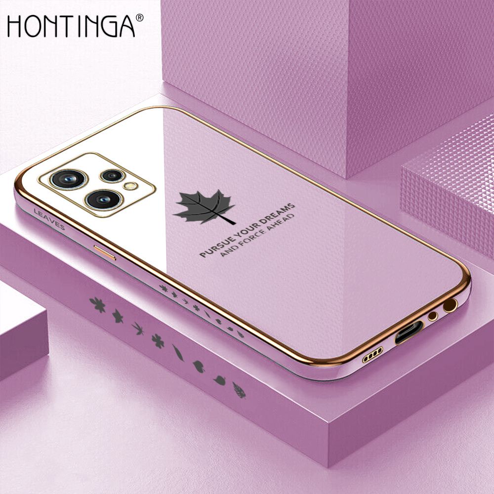 Hontinga for Realme 9 4G / Realme 9 Pro+ 5G / 9 Pro Plus Back Cover + Free Lanyard Luxury 6D Plating Maple Leaf Side Pattern Case Soft Silicone Square Phone Cases
