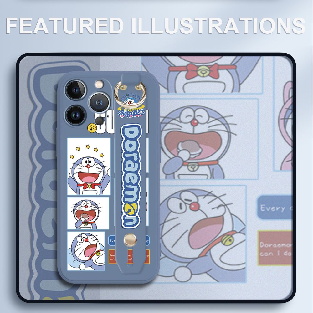 UCUC for iPhone 13 Pro Wrist Strap Case Creative Cartoon Doraemon's Daily Life Cover Ultra Thin Anti Fall Liquid Silicone Phone Case
