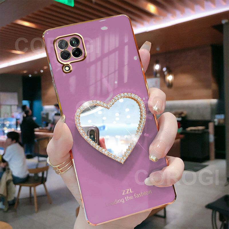For Samsung Galaxy A22 Cover with Makeup Mirror Shiny Plating Square Bumper Girls Phone Case Soft TPU Silicone Shockproof Protective Back Cover