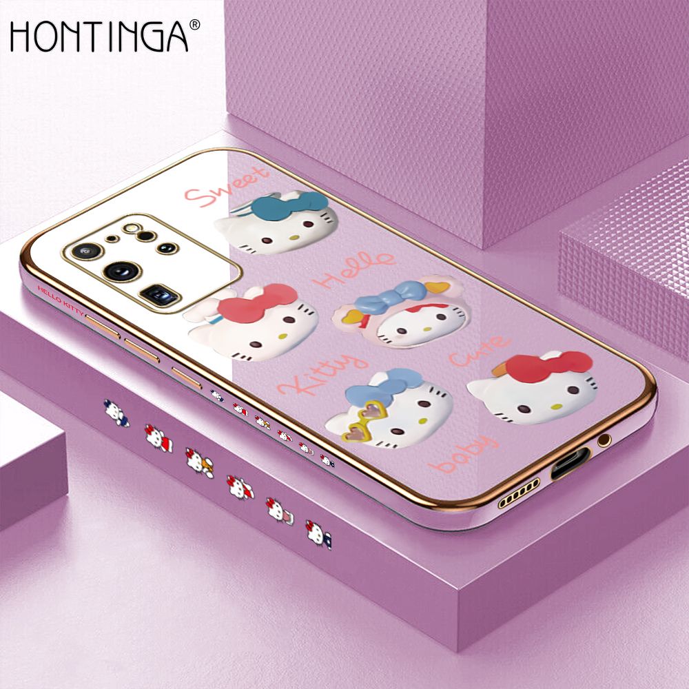 Hontinga for Samsung Galaxy S20 Ultra Back Cover + Free Lanyard Luxury 6D Plating Cartoon Cute Kitty Side Pattern Case Soft Silicone Square Phone Cases