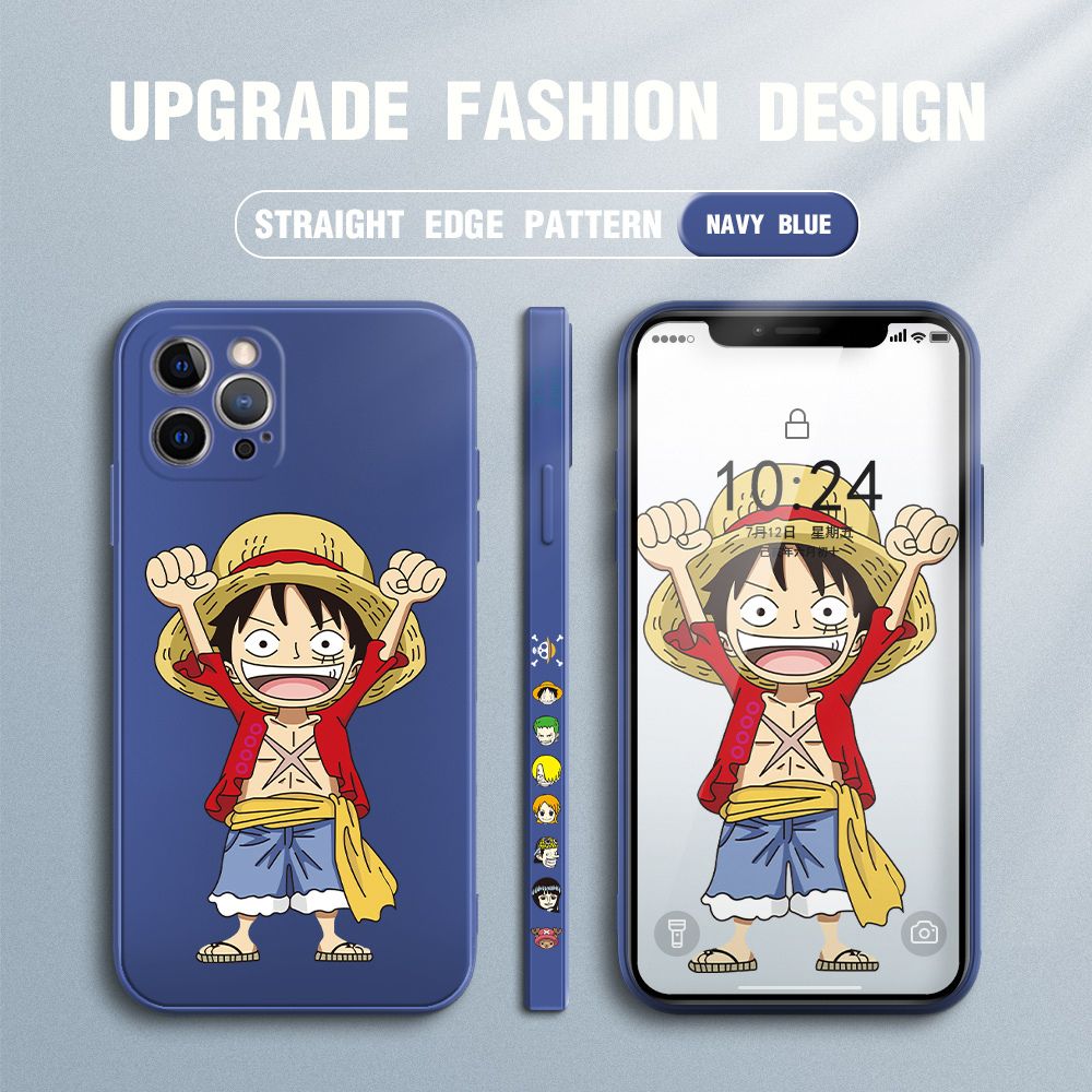 Jizetin for iPhone 12 Pro Case Anime One-Piece Monkey D. Luffy Anime Side Design Phone Case Square Edge Pattern Liquid Silicone Cases Full Cover Camera Shockproof Protective Case