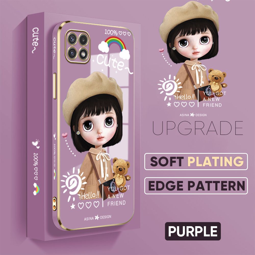 Jizetin (Free Lanyard) Samsung A22 5G Back Cover Fashion Girl Luxury 6D Plating Case Side Pattern Soft Silicone Square Phone Cases