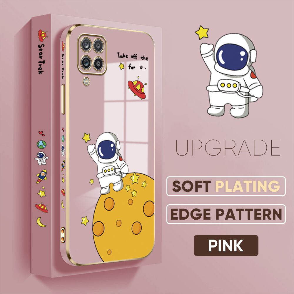 TA for Samsung Galaxy A12 / A12 5G / M12 Back Cover + Free Lanyard Planet Astronaut Luxury 6D Plating Case Side Pattern Soft Silicone Square Phone Cases