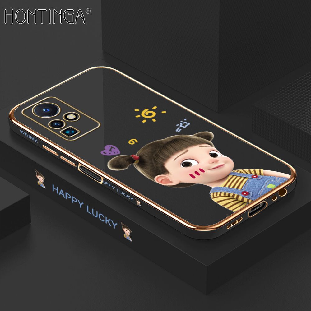 Hontinga for Infinix Zero X Neo Back Cover + Free Lanyard Luxury 6D Plating Cute Cartoon Happy Girl Side Pattern Case Soft Silicone Square Phone Cases