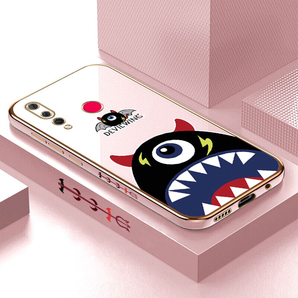 Luxury 6D Plating Case for Huawei Nova 4 Cartoon One-eyed Devil Wing Side Pattern Back Cover Soft Silicone Square Frame Shiny Bling Phone Cases + Free Lanyard