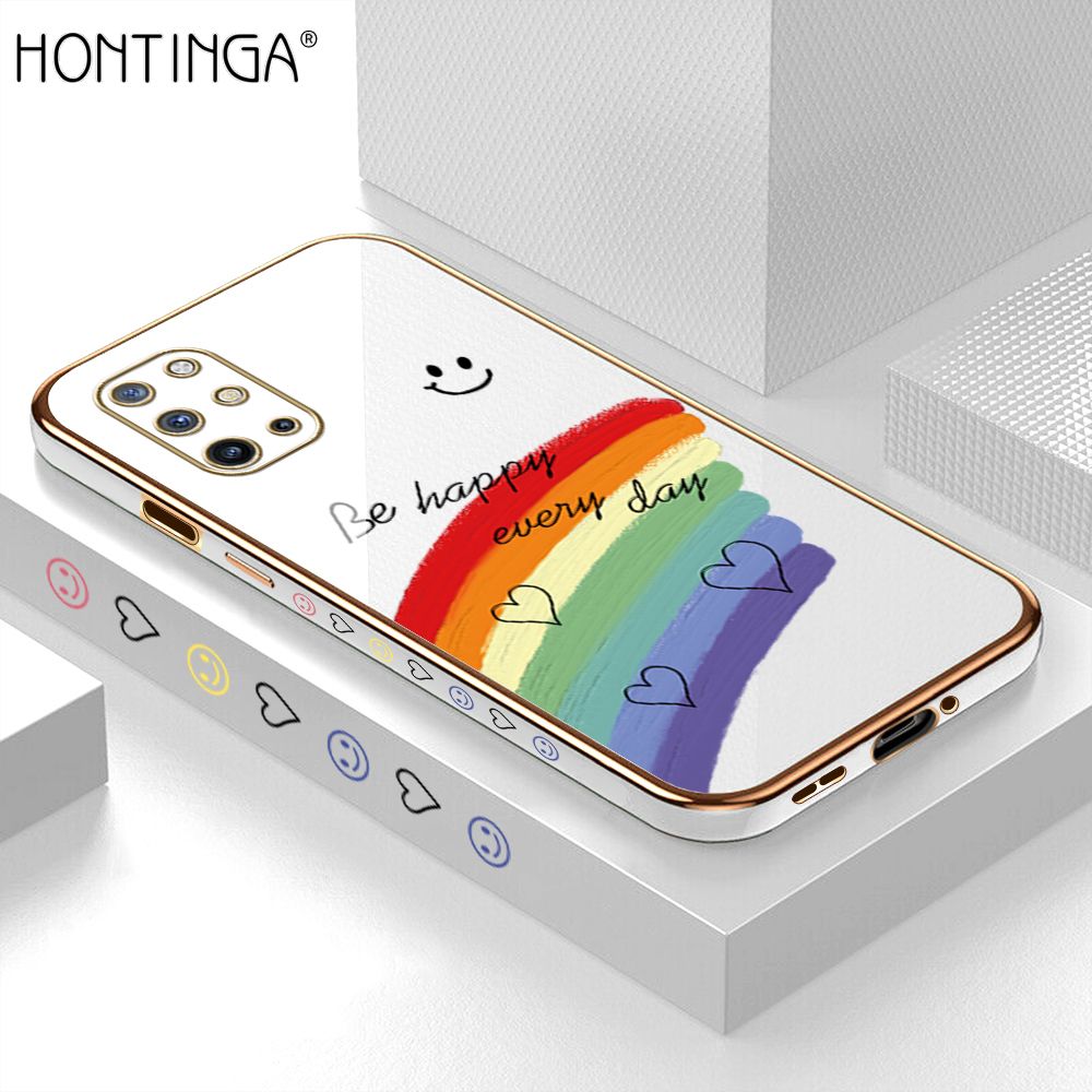 Hontinga for OnePlus 8T Back Cover + Free Lanyard Luxury 6D Plating Smile Rainbow Side Pattern Case Soft Silicone Square Mobile Cover