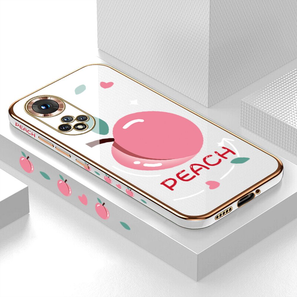 Luxury 6D Plating Case for Honor 50 Cartoon Simple Peach Side Pattern Back Cover Soft Silicone Square Frame Shiny Bling Phone Cases + Free Lanyard