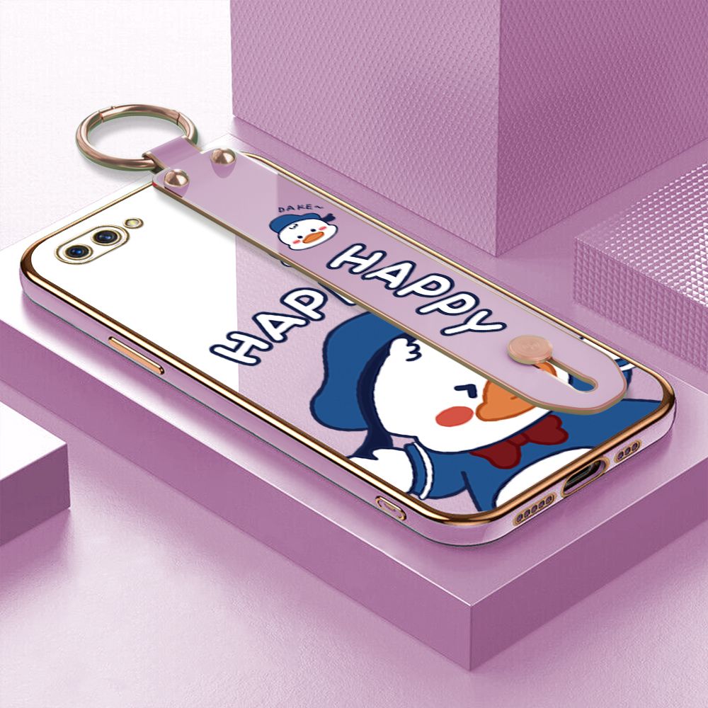 TA for OPPO A3S / A12E / Realme C1 Wrist Strap Back Cover Cute Duck Fashion Luxury 6D Plating Soft Casing Silicone Square Frame Phone Case