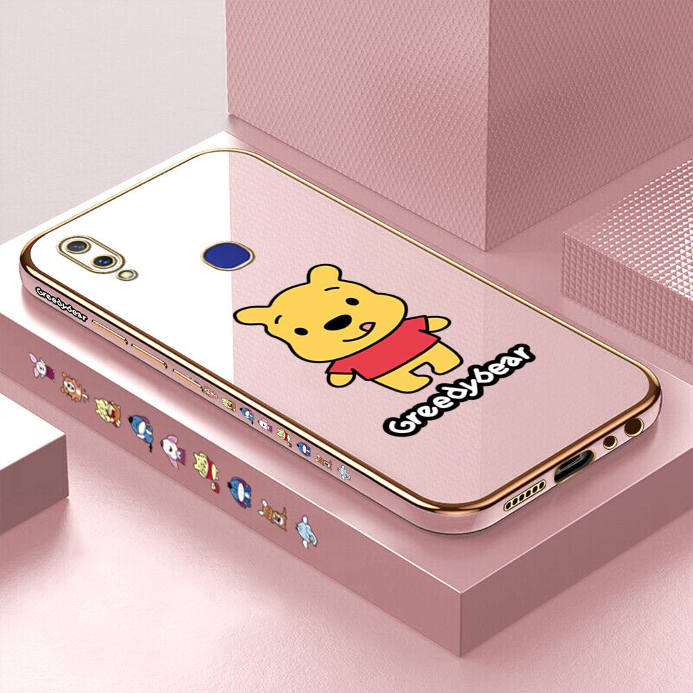 Luxury 6D Plating Case for Vivo V11I Squirming Little Sweet Bear Side Pattern Back Cover Soft Silicone Square Frame Shiny Bling Phone Cases + Free Lanyard