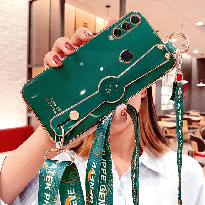 For Huawei P30 Lite Cover with [Lanyard + Wrist Strap Stand Holder] Ultra Thin Plating Bumper Phone Case Camera Lens Protection Soft TPU Silicone Shockproof Protective Back Cover