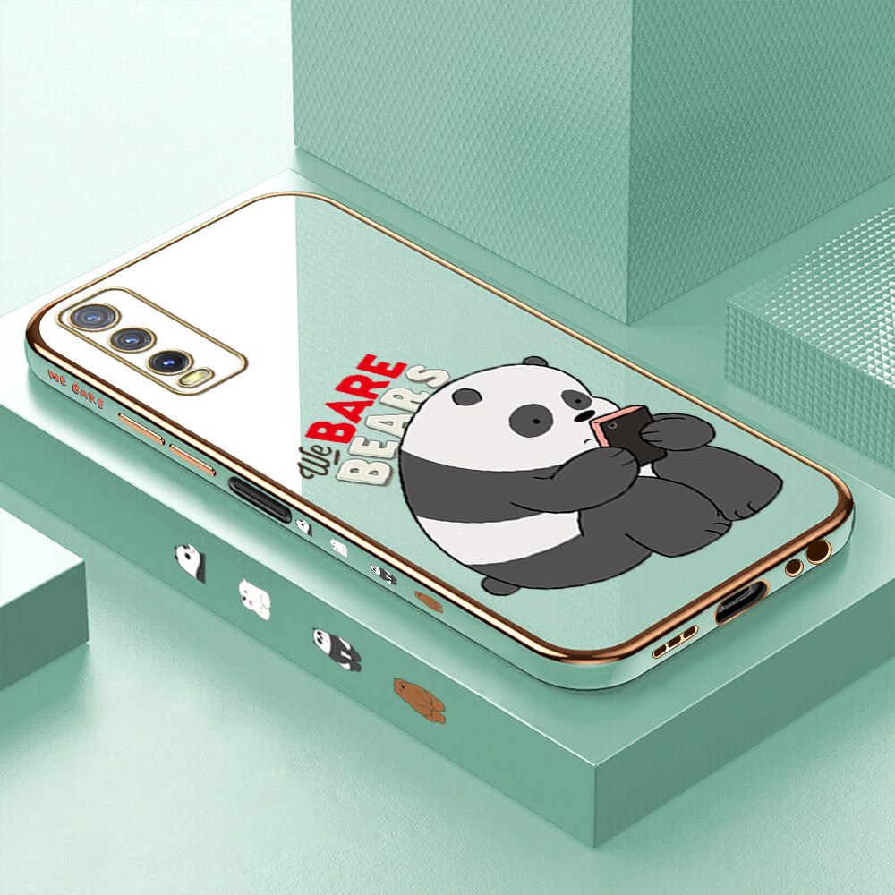 Luxury 6D Plating Case for Vivo Y12S Cartoon Panda Side Pattern Back Cover Soft Silicone Square Frame Shiny Bling Phone Cases + Free Lanyard