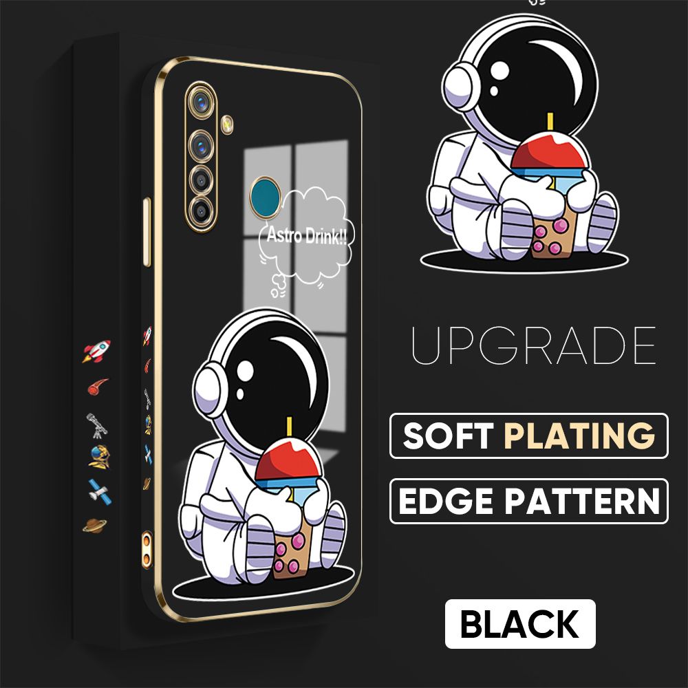 Jizetin (Free Lanyard) Realme 5 Pro Cover Drink Astronaut Luxury 6D Plating Soft Casing Silicone Square Frame Phone Case Shiny Bling Back Cover