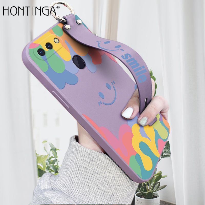 Hontinga for OPPO R15 Wrist Strap Case Soft Candy Color Splash Ink Cover Trend Square Printed Pattern Liquid Silicone Phone Case