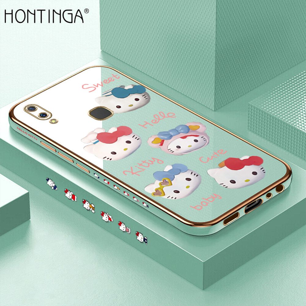 Hontinga for Vivo Y85 Back Cover + Free Lanyard Luxury 6D Plating Cartoon Cute Kitty Side Pattern Case Soft Silicone Square Phone Cases