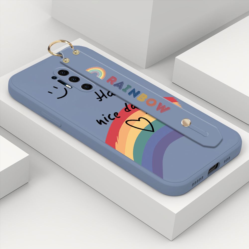 ZeroQiQi for OnePlus 8 Pro Wrist Strap Case Lovely Graffiti Rainbow Smile Thin Phone Cover Square Edge Liquid Silicone Creativity Phone Case
