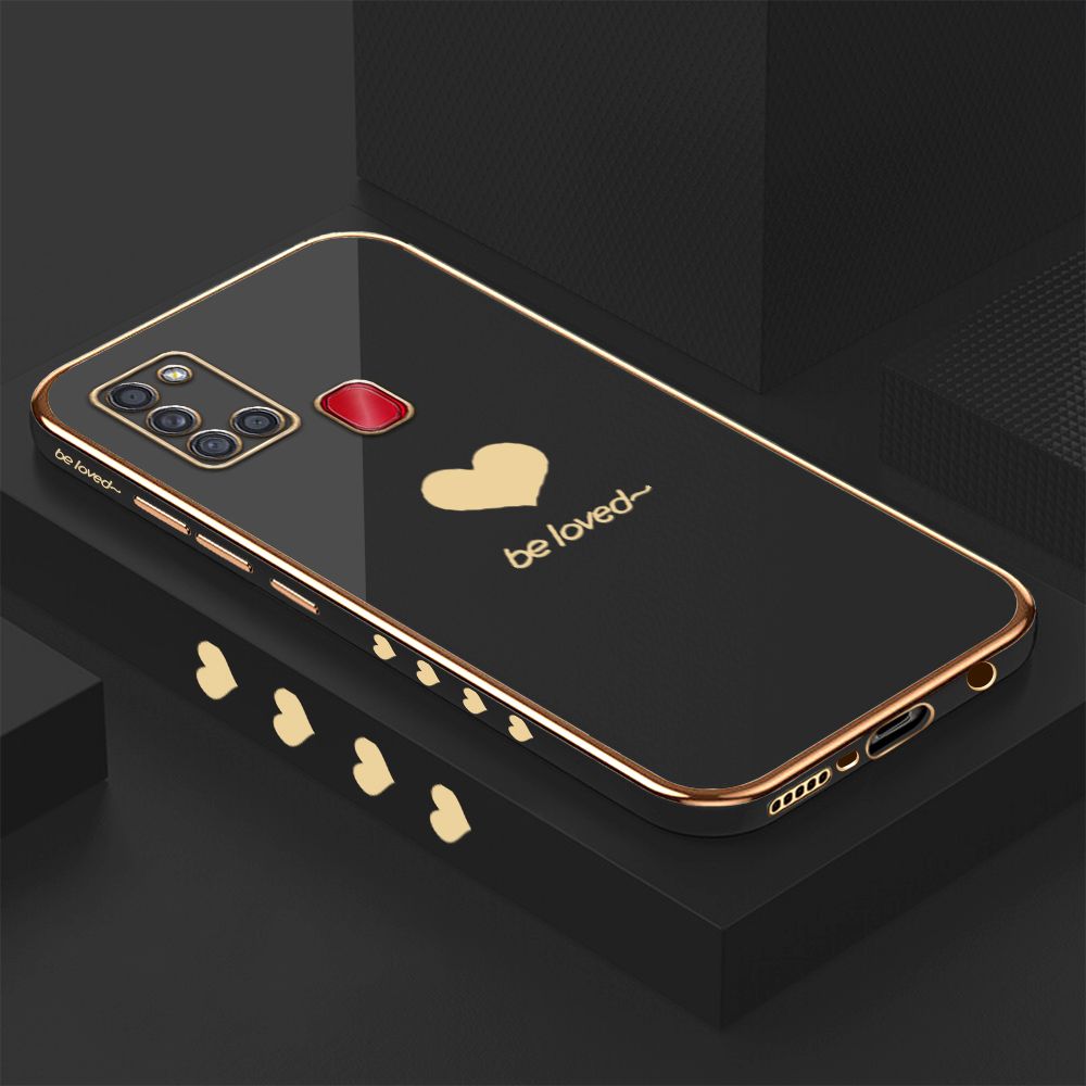 Luxury 6D Plating Case for Samsung A21S Lover Heart Side Pattern Back Cover Soft Silicone Square Phone Cases + Free Lanyard