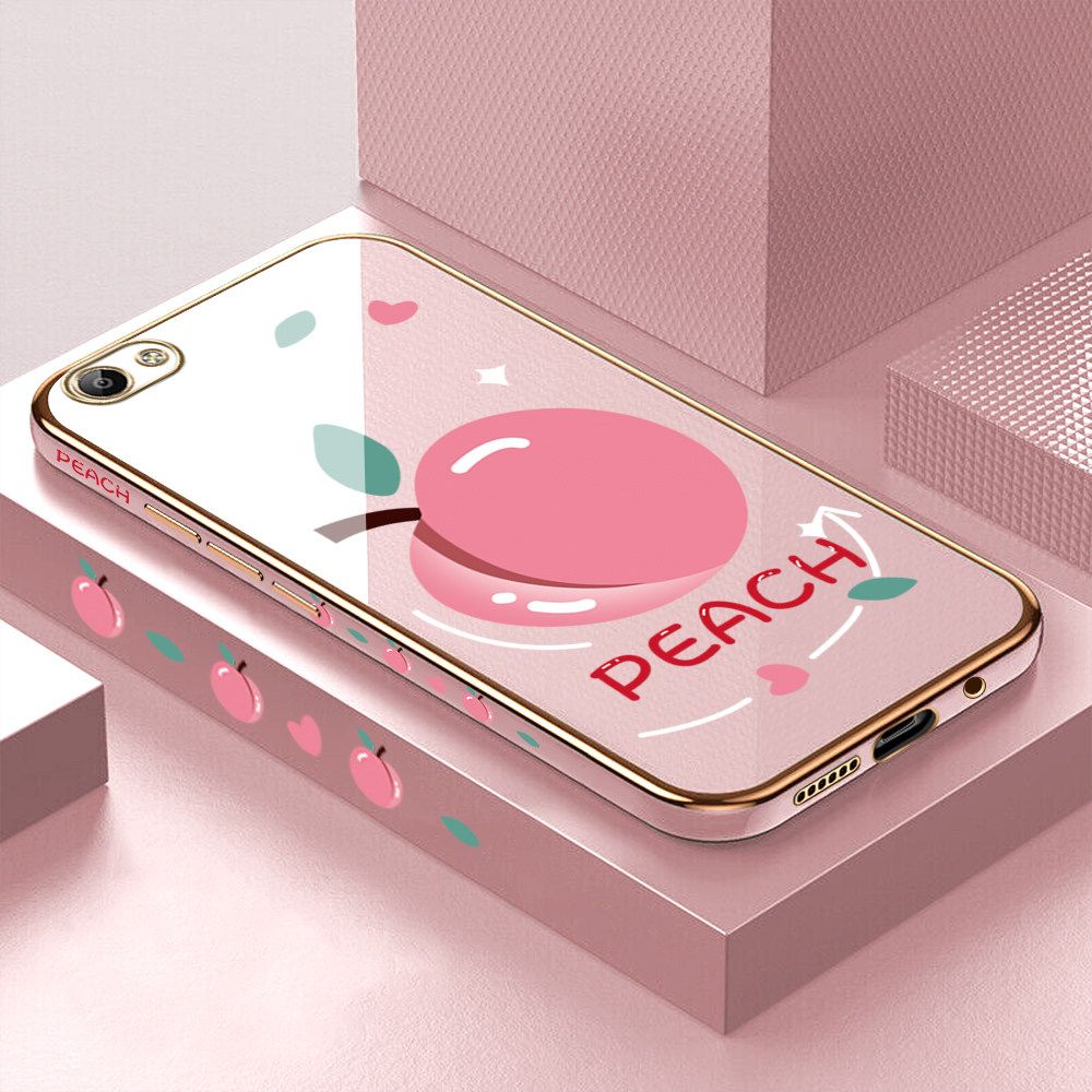 Luxury 6D Plating Case for Vivo Y65 Cartoon Simple Peach Side Pattern Back Cover Soft Silicone Square Frame Shiny Bling Phone Cases + Free Lanyard