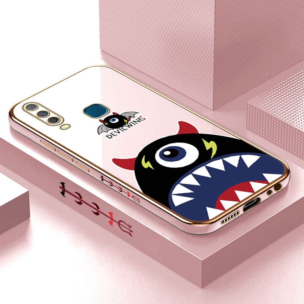 Luxury 6D Plating Case for Vivo Y15 Cartoon One-eyed Devil Wing Side Pattern Back Cover Soft Silicone Square Frame Shiny Bling Phone Cases + Free Lanyard
