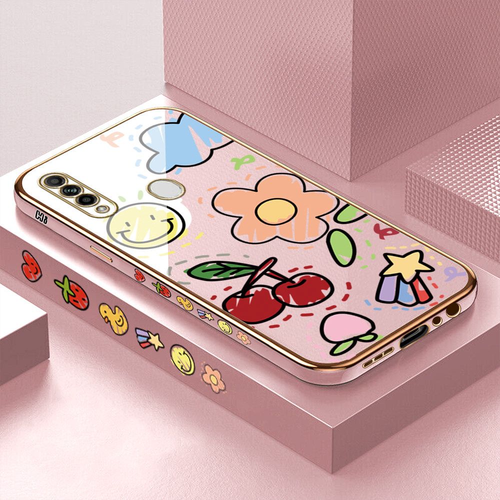 Luxury 6D Plating Case for OPPO A31 2020 Color Cartoon cherry Peach Side Pattern Back Cover Soft Silicone Square Frame Shiny Bling Phone Cases + Free Lanyard