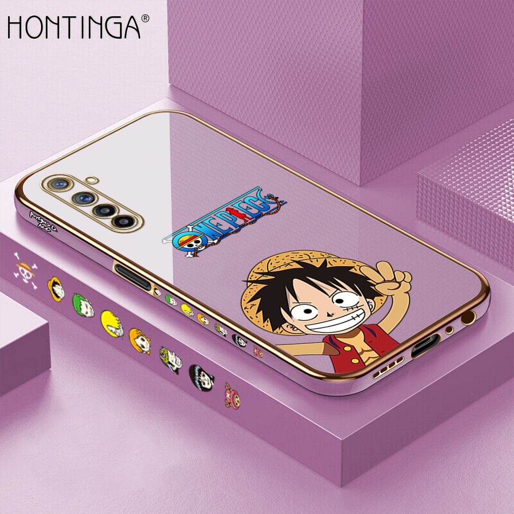 Hontinga for Realme 6 Pro Back Cover + Free Lanyard Luxury 6D Plating Anime Cartoon Happy Luffy Side Pattern Case Soft Silicone Square Mobile Cover