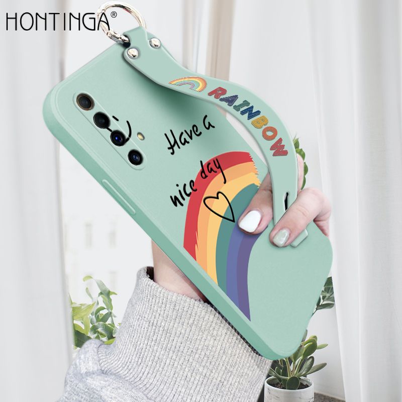 Hontinga for Realme X50 Wrist Strap Case Lovely Graffiti Rainbow Smile Thin Phone Cover Square Edge Liquid Silicone Creativity Phone Case