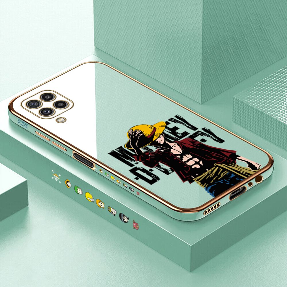 Luxury 6D Plating Case for Samsung M32 Handsome Luffy Side Pattern Back Cover Soft Silicone Square Phone Cases + Free Lanyard