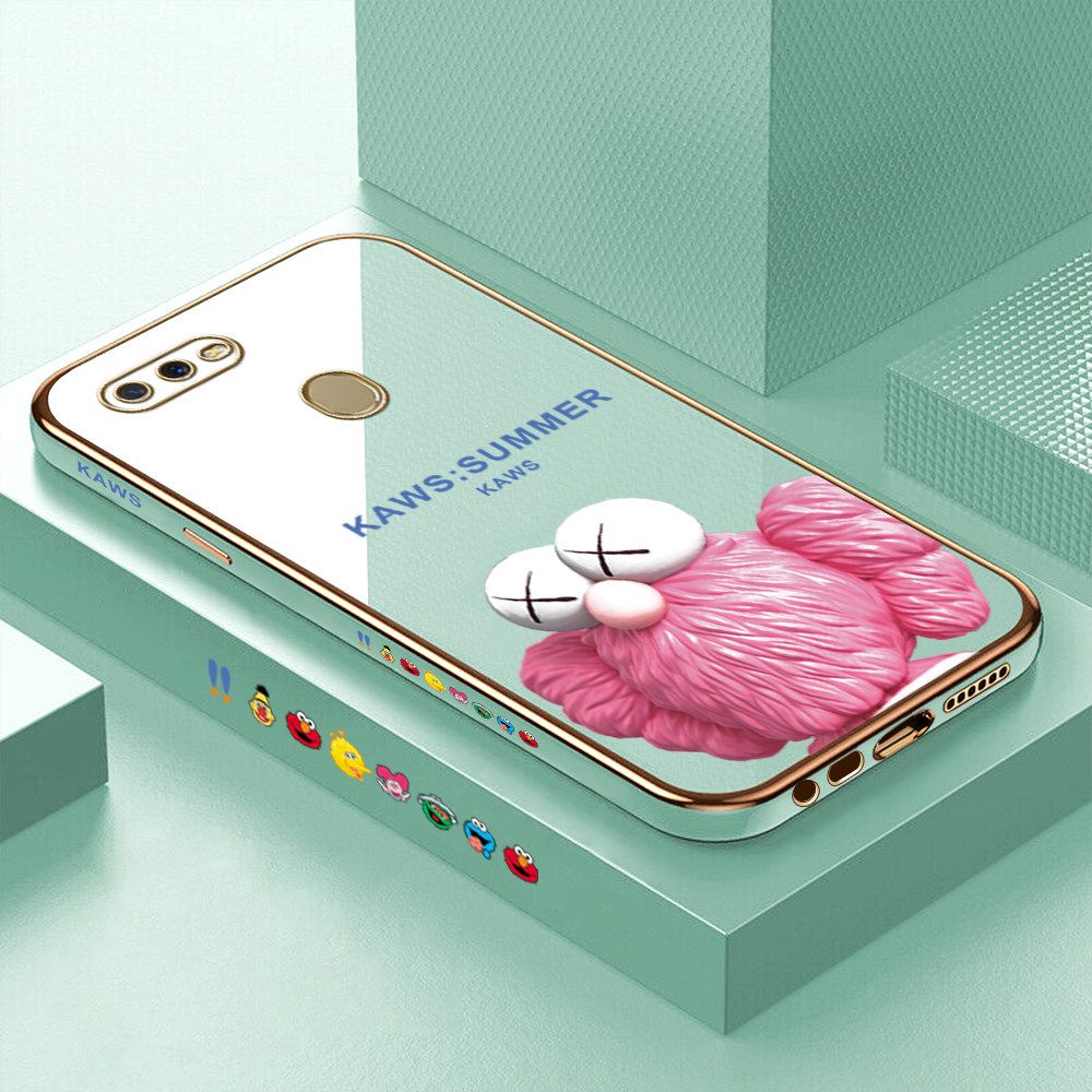 Luxury 6D Plating Soft Casing Silicone Square Frame Phone Case For OPPO A12S Case Shiny Bling Back Cover Cartoon Pink Doll Square Edge Pattern Design Soft Case + Free Lanyard