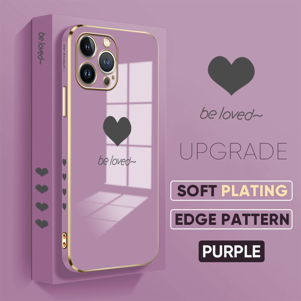 Jizetin (Free Lanyard) iPhone 13 Pro Max Luxury 6D Plating Soft Casing Silicone Square Frame Phone Case Shiny Bling Back Cover New Lover Heart New design Side Drawing Case