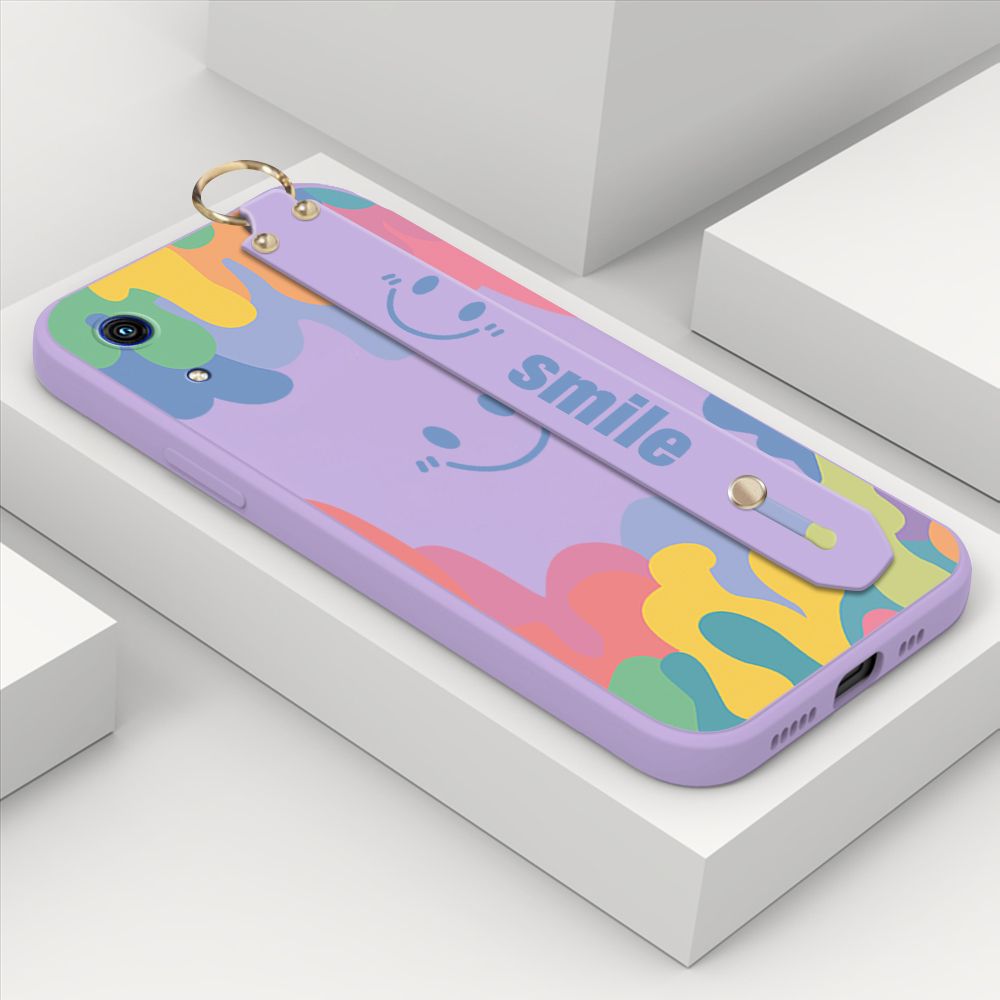 ZeroQiQi for Huawei Y6 Pro 2019 Wrist Strap Case Soft Candy Color Splash Ink Cover Trend Square Printed Pattern Liquid Silicone Phone Case