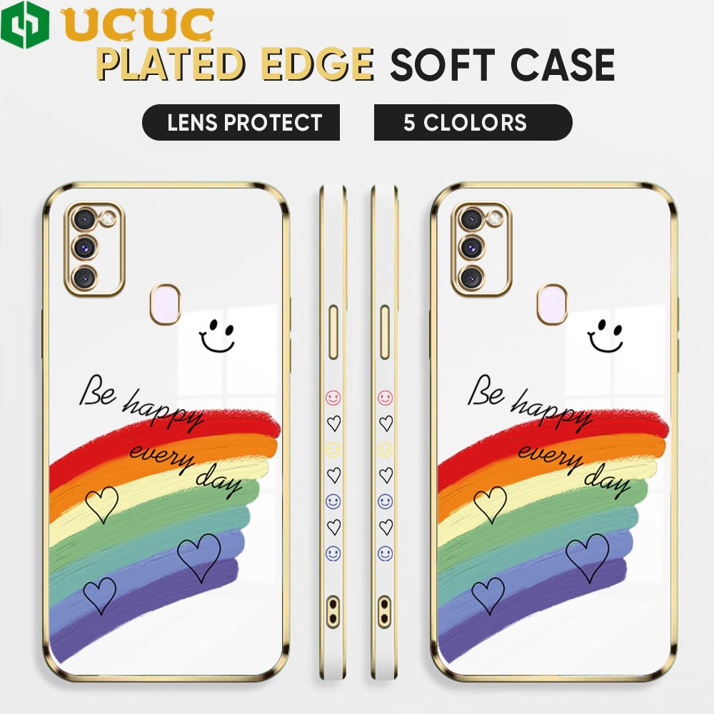 UCUC for Samsung Galaxy M21 M30S Back Cover + Free Lanyard Rainbow Doodle Luxury 6D Plating Case Side Pattern Soft Silicone Square Phone Cases