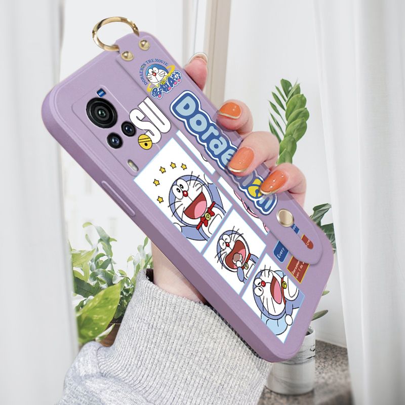 Jizetin for Vivo X60 Pro 5G Wrist Strap Case Creative Cartoon Doraemon's Daily Life Cover Ultra Thin Anti Fall Liquid Silicone Phone Case