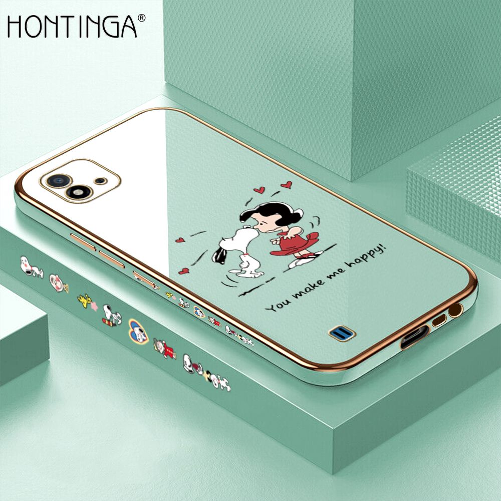 Hontinga for Realme C20 / C20A / C11 2021 Back Cover + Free Lanyard Luxury 6D Plating Happy Puppy and Girl Side Pattern Case Soft Silicone Square Mobile Cover